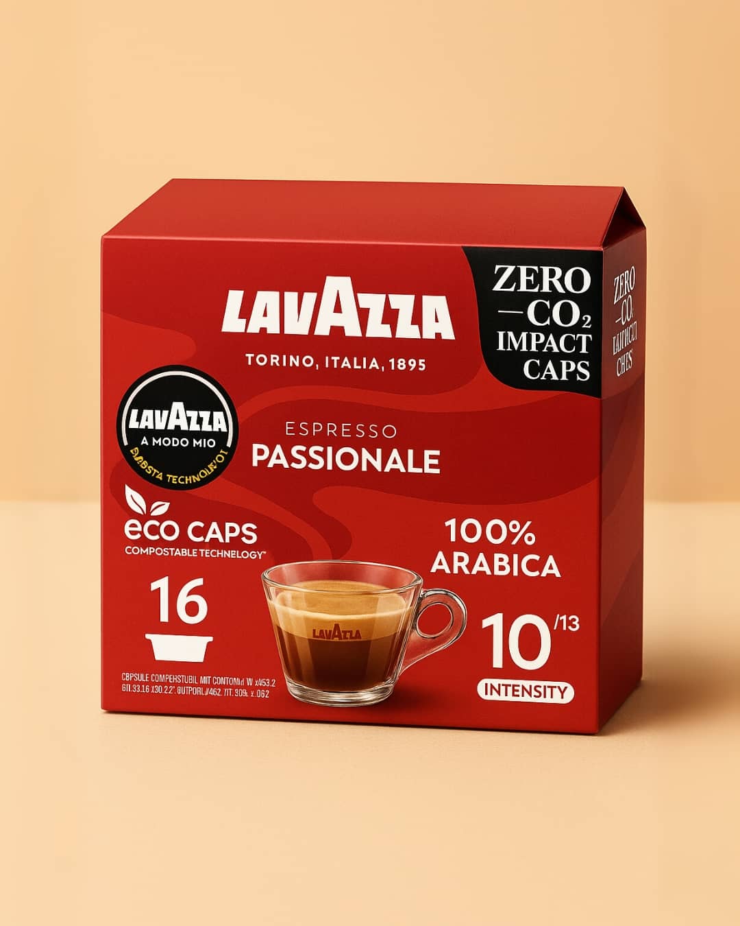 Lavazza, A Modo Mio Espresso Passionale, 256 Coffee Capsules, with Notes of Caramel and Chocolate, 100% Arabica, Intensity 11/13, Dark Roasting, Compostable, 16 Packs of 16 Compostable Coffee Pods