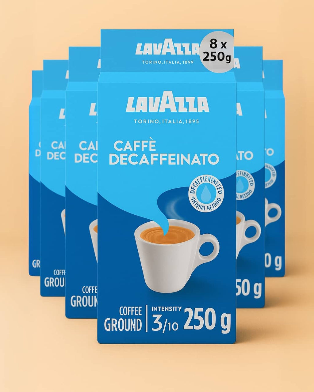 Lavazza, Caffè Decaffeinato, Ground Coffee, 8 Packs of 250 g, Ideal for Moka Pot, Filter Machine and French Press, Aromatic Notes of Dried Fruits, Arabica and Robusta, Intensity 3/10, Medium Roasting
